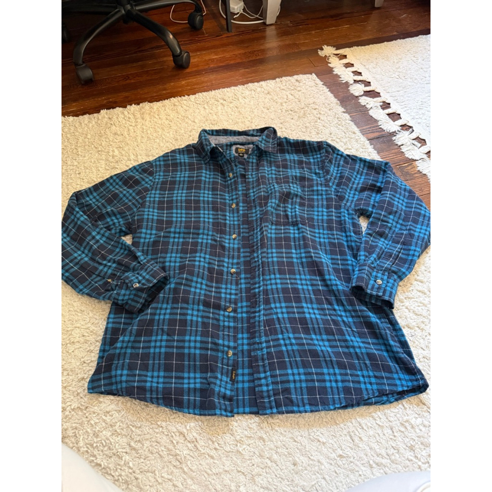 Men's Lee Blue Black Plaid flannel Button Down Shirt XL